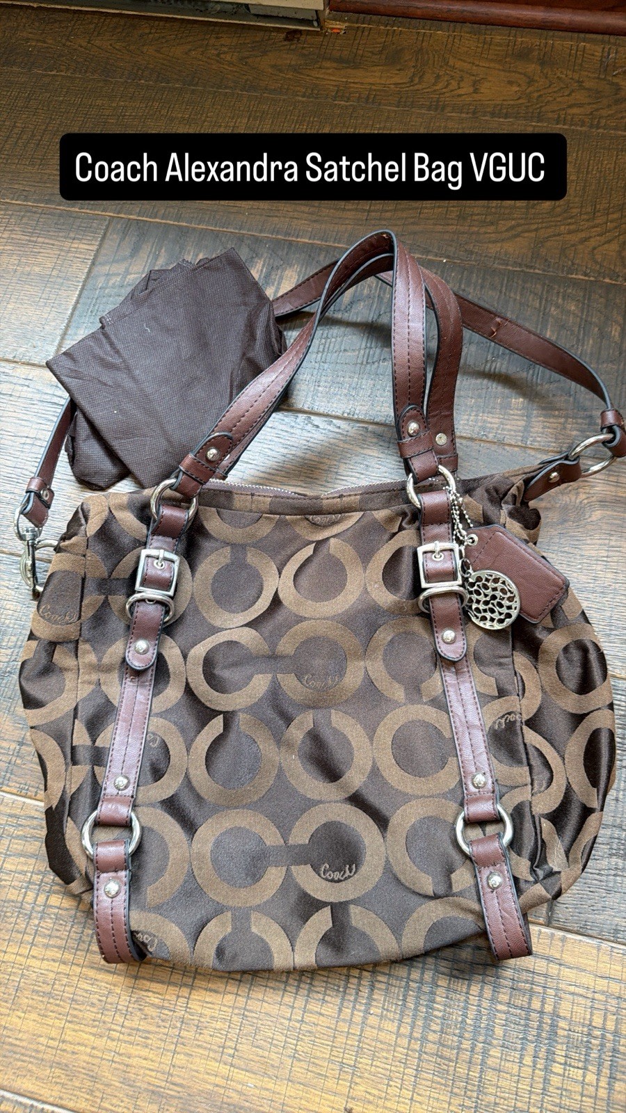 Coach Brown Logo Satchel/Top Handle Bag Zip Pink Lining Silver Hardware Charm