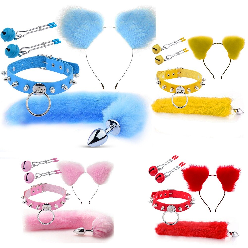 USA 4pc Set Foxtail Butt Wolftail Cat Ear Collar Tail Cute Cosplay Fantasy Anime