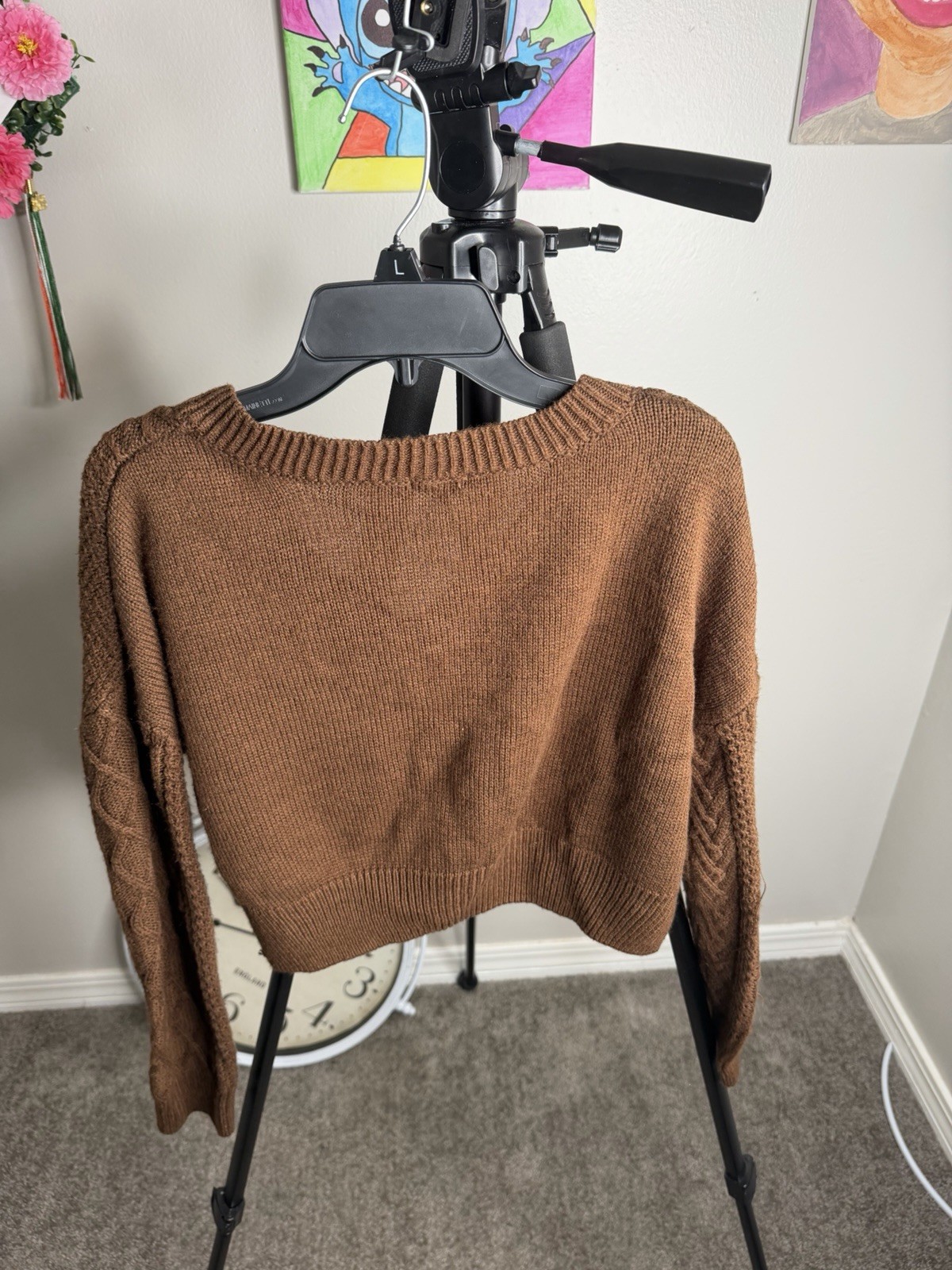 rue21 Brown Cable-Knit V-Neck Cropped Pullover Sweater Long Sleeve M