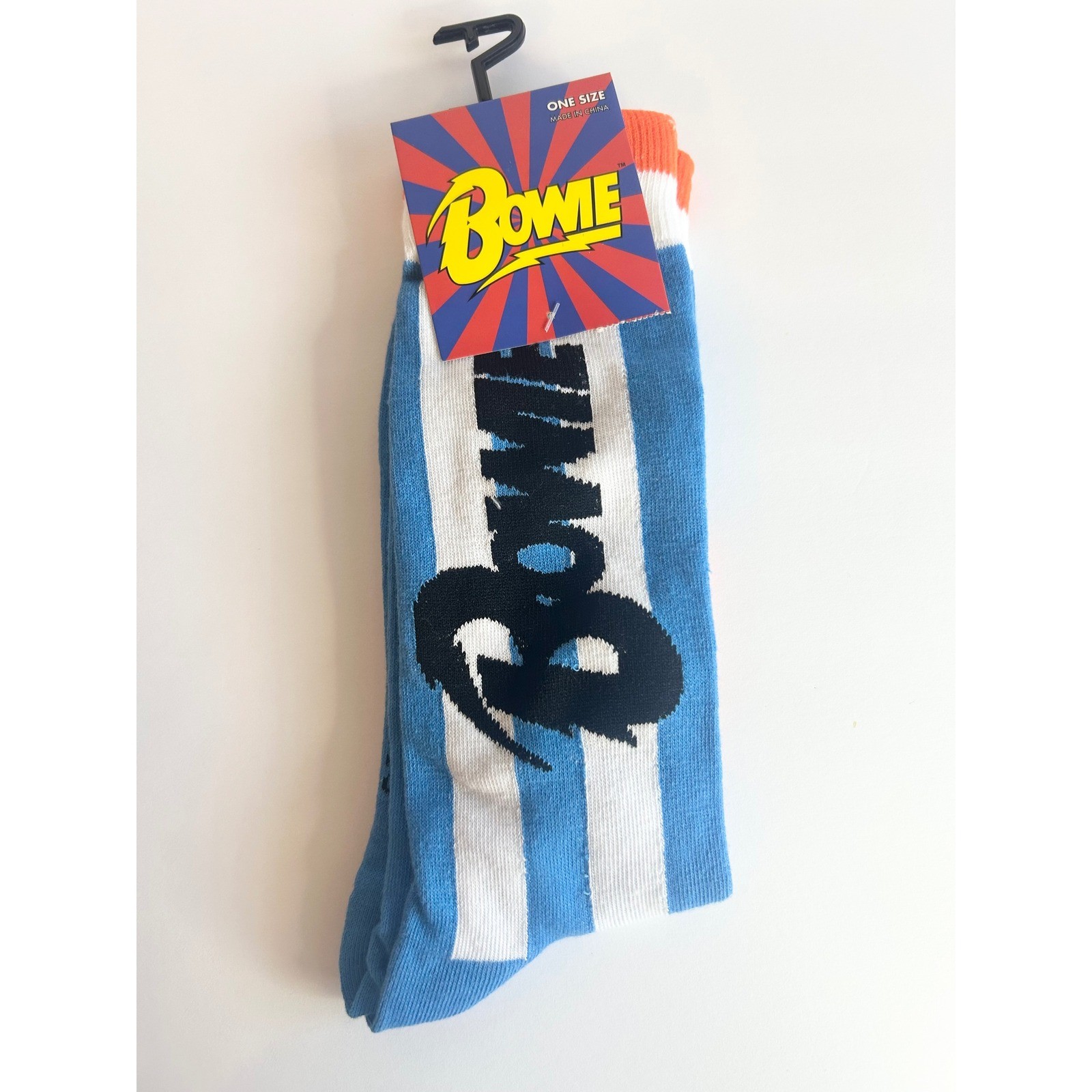 David Bowie Crew Socks Blue White Striped Music Legend Logo Fits Size 7-12