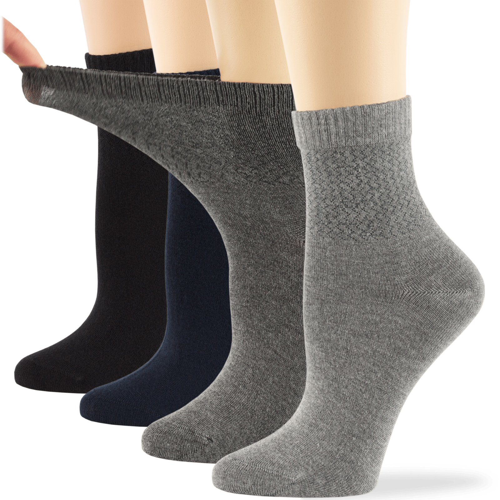Women Quarter Bamboo Diabetic Socks L-M 4 Pack White Black Blue Brown Beige Gray