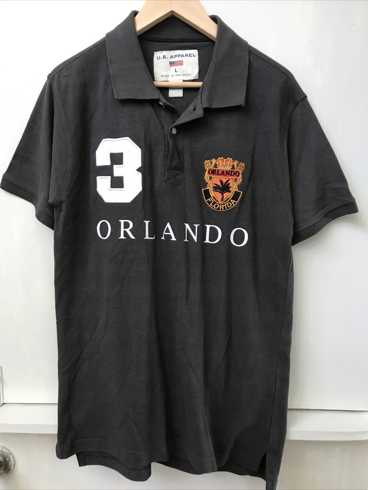 U.S. APPAREL Men Gray POLO Shirt Orlando Florida #3 embroidered Size L Large