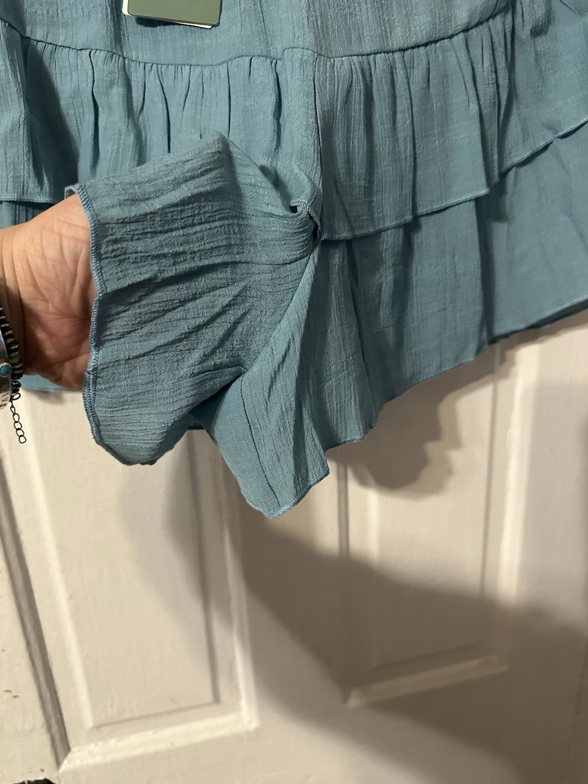 Halara Tiered Ruffle Skort Size L Dusty Blue Smocked Waist NWT Flowy Casual