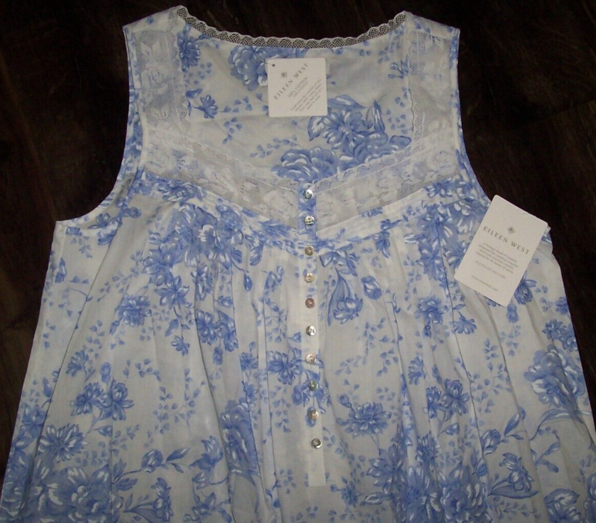 NWT Eileen West White/PERIWINKLE BLUE Floral 50″ Sleeveless Cotton Nightgown S
