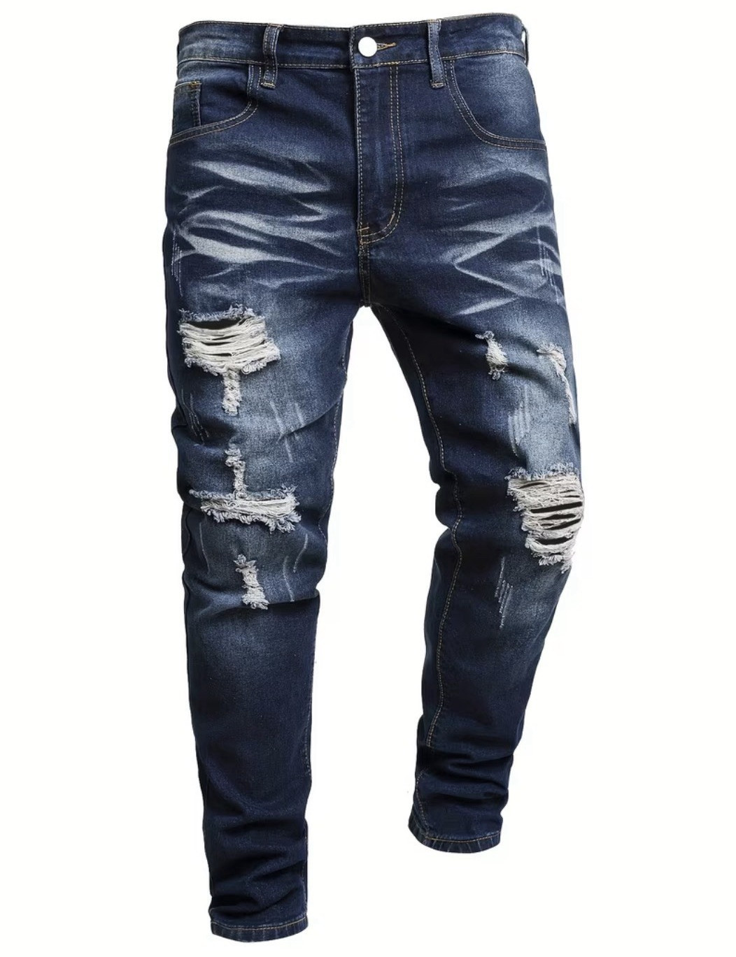 Men’s Skinny Slim Fit Blue Dark Wash Distressed Ripped Denim Jeans 5-Pocket