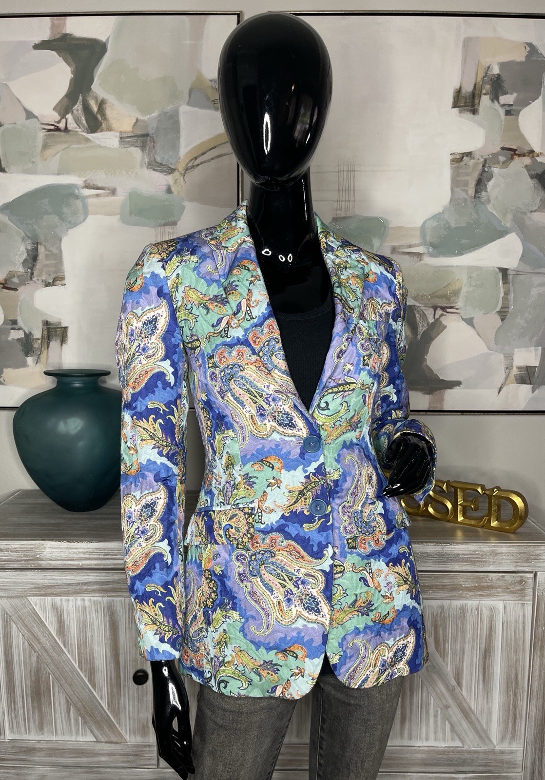 ETRO Milano Paisley Blazer IT 40 Made in Italy Blue Cotton Luxury Jacket