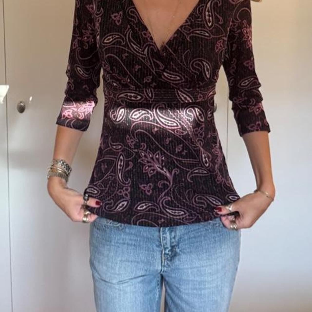 Vintage Y2K purple & black paisley wrap top with metallic accents