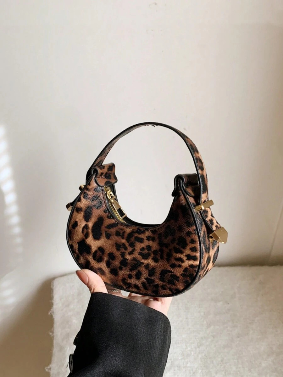 Leopard Print Mini Hobo Bag Half Moon Shoulder Purse Women Fall Winter New