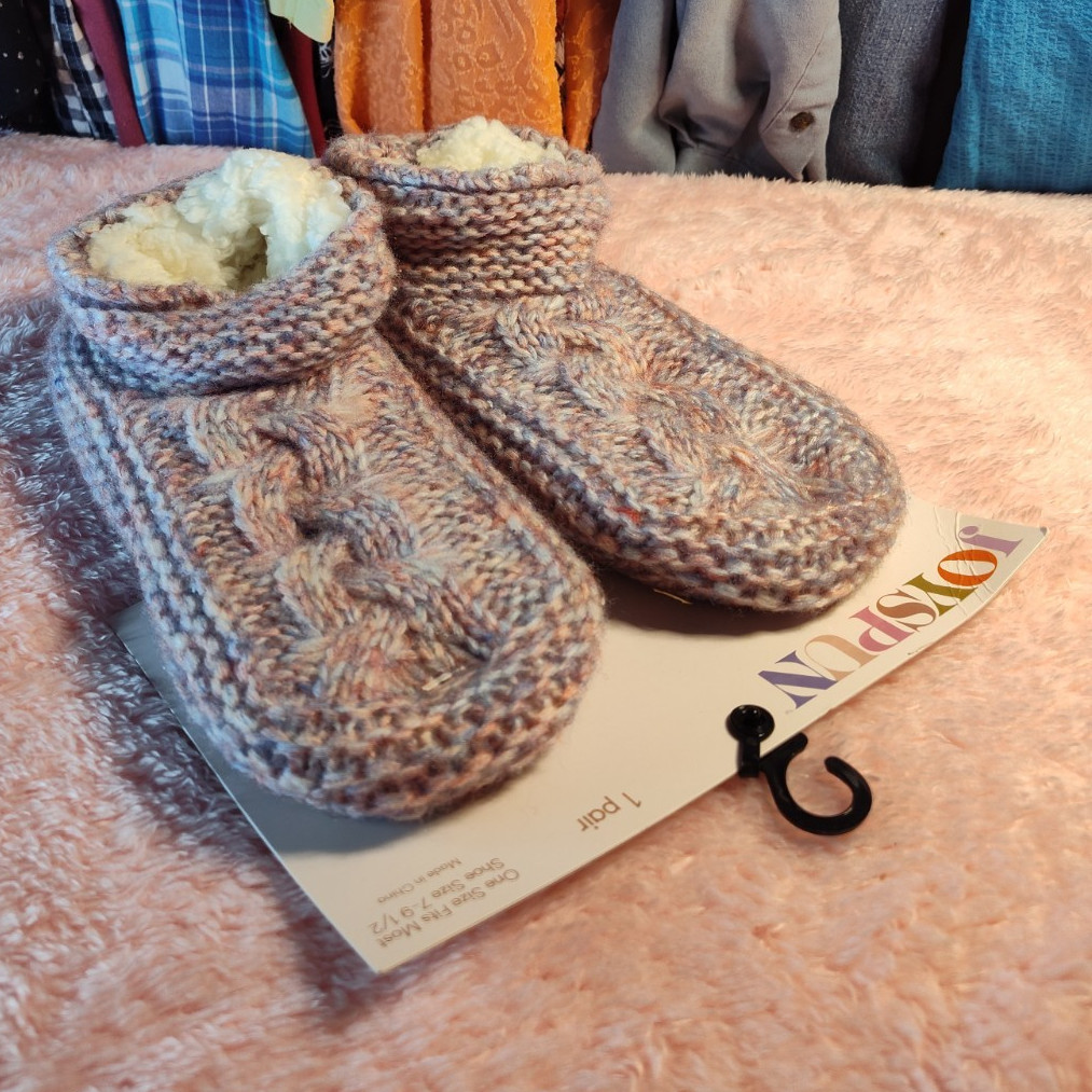 Joyspun Knit Slipper Socks Bootie Cable Knit Faux Fur Lined Pink 7-9.5