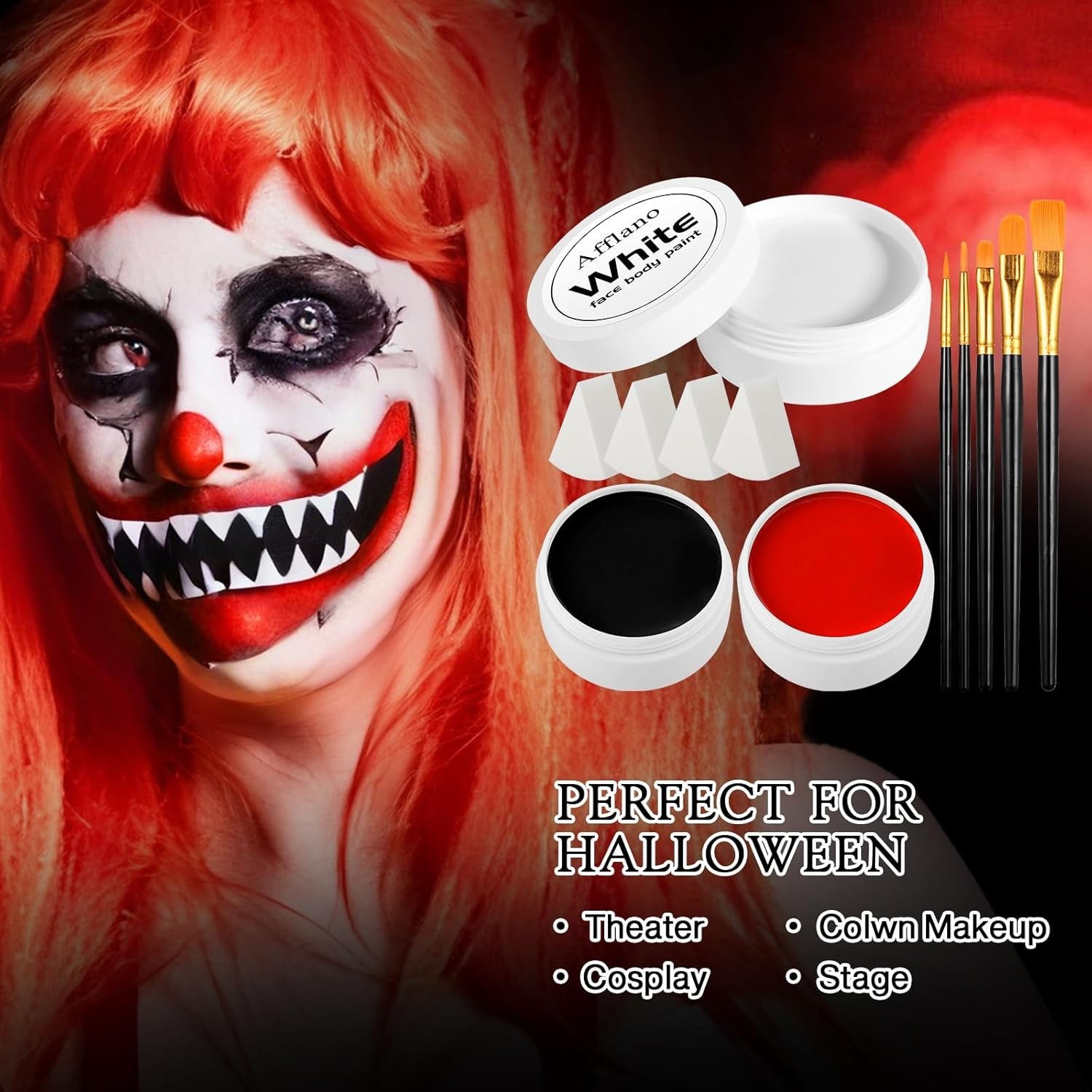 Black White Red Face Paint Kit – Large 50g Oil-Based Grease Makeup Set with Re