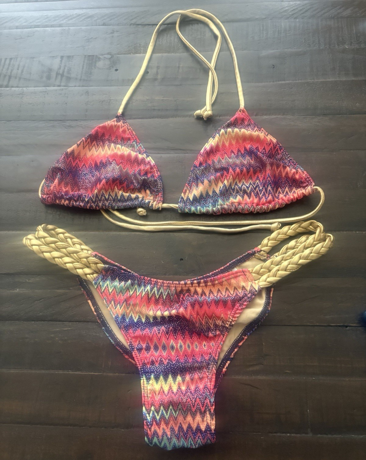 Ravish Sands Swimwear Bikini Set Medium Tribal Aztec Print Gold Braided Sides