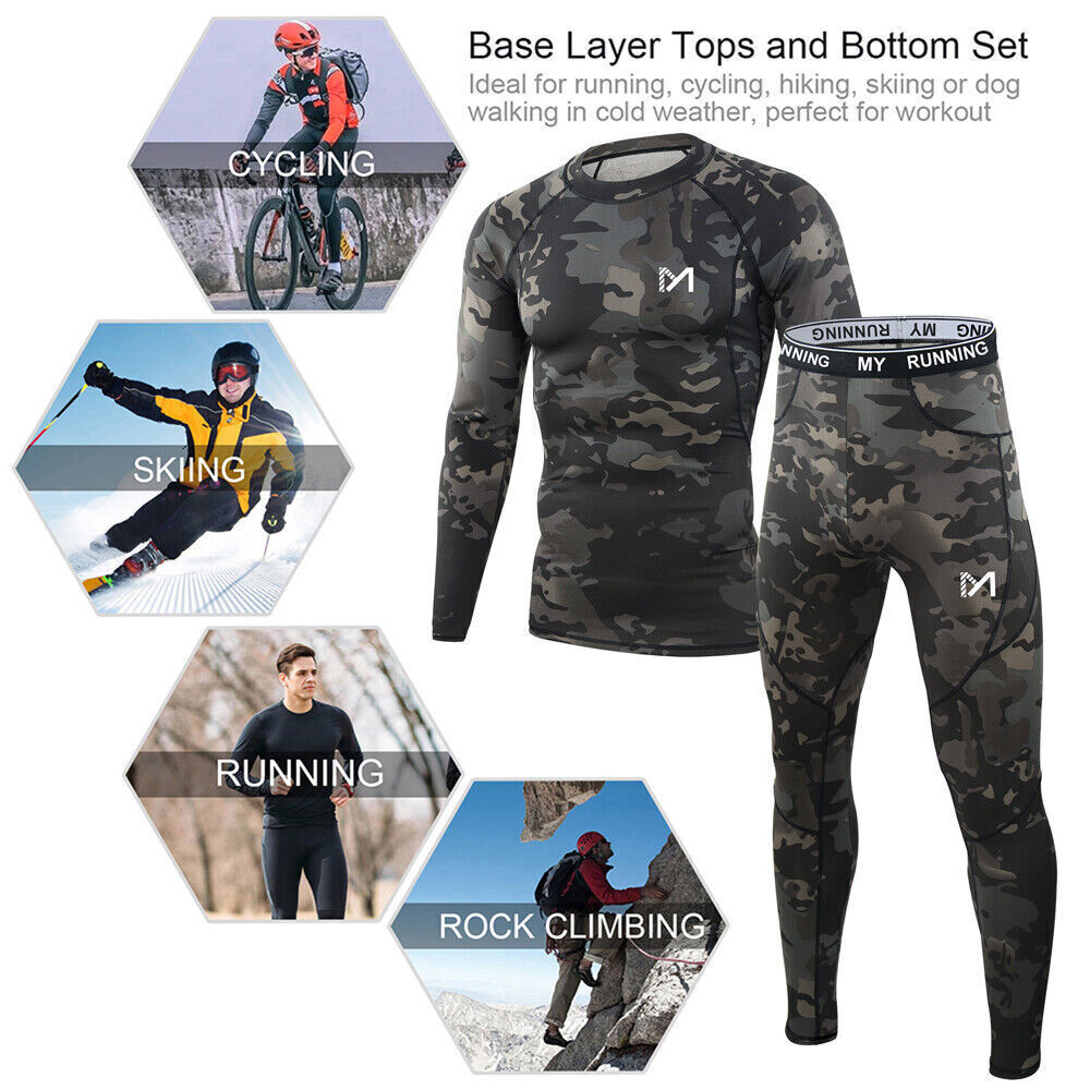 Mens Thermal Underwear Set Sport Long Johns Base Layer Warm Compression Camo Set