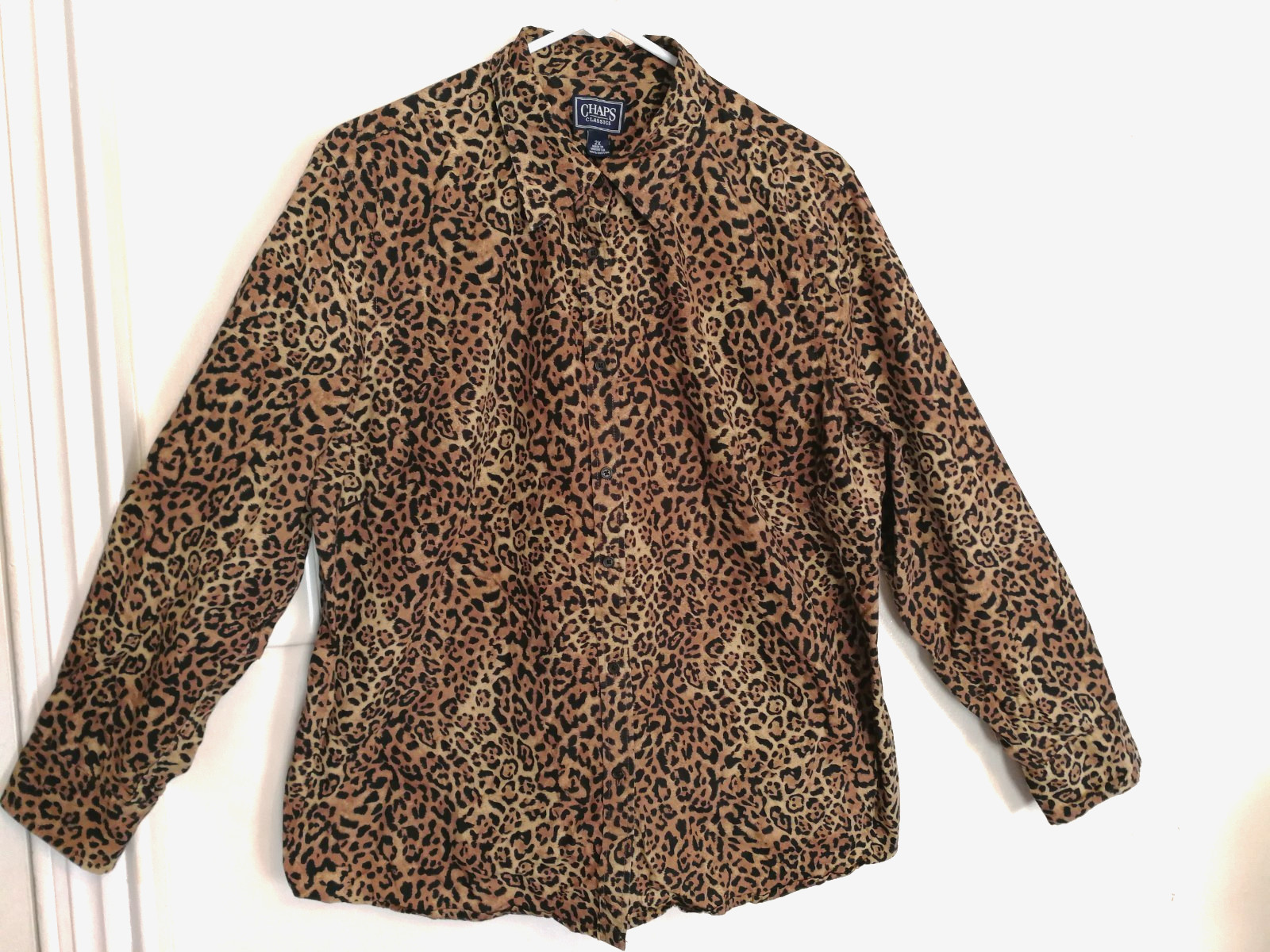 Chaps Classics Womens Blouse 2X Plus Leopard Animal Print Button Up Long Sleeve