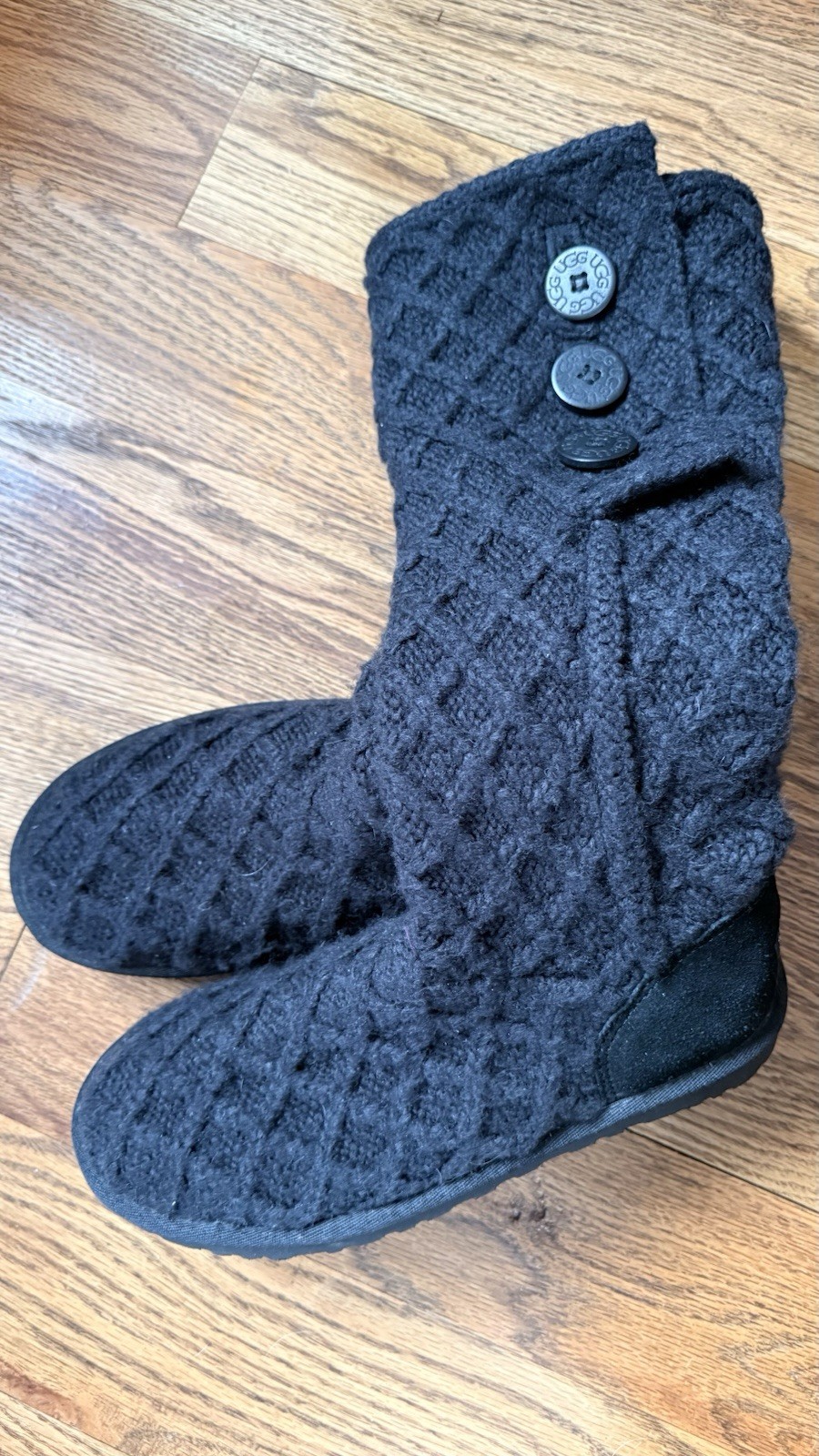 UGG 3066 Black Boots Lattice Cardy Cable Knit Button Boots 8 US