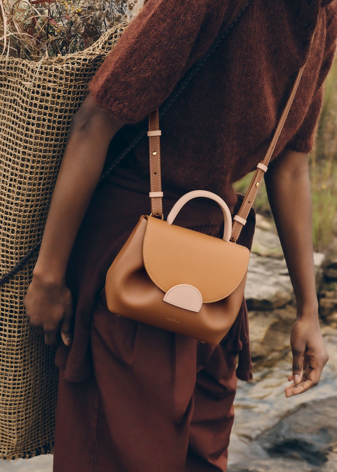 Polène Numéro Un Nano Brown/Beige Crossbody Top Handle Bag Dust Bag