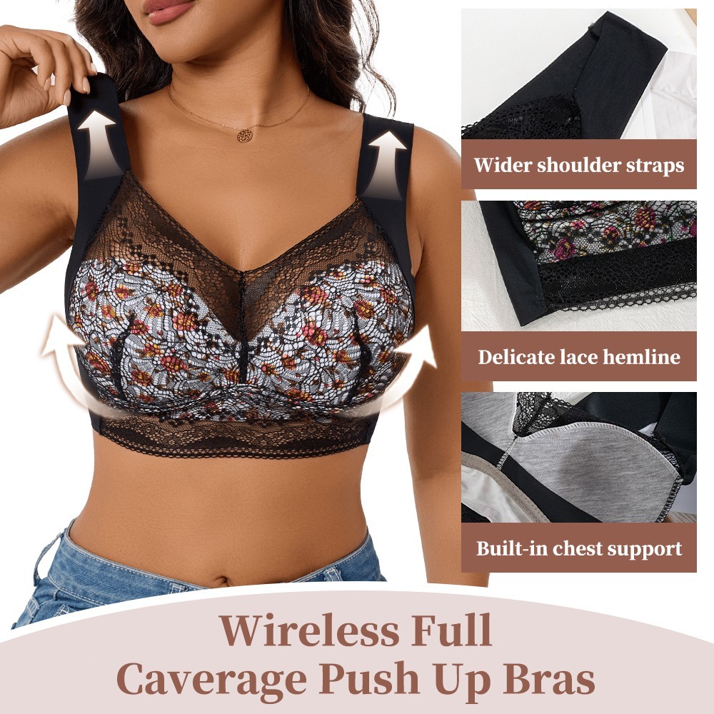 Floral Lace Wireless Full Coverage Bra Wide Strap Plus Size Comfort Bralette
