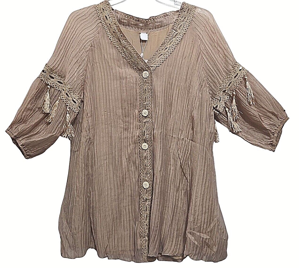 Pretty Angel Blouse Womens Large Tan Brown 3/4 Sleeve Fringe V Neck Bohemian New