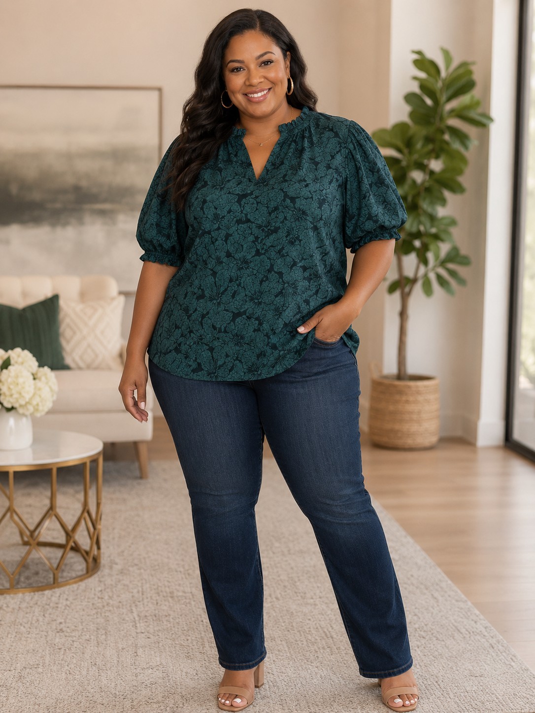Sugarlips Women’s 2X Green Floral Jacquard Puff Sleeve Blouse NWT Plus Size…
