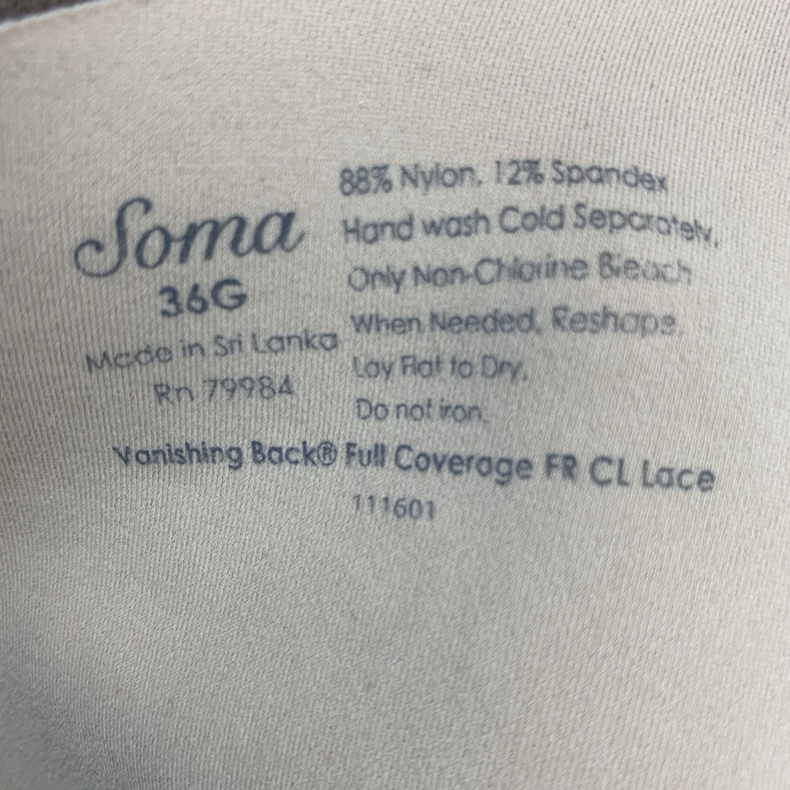 Soma Vanishing Back Full Coverage Bra Size 36G Front Closure Floral Lace Beige