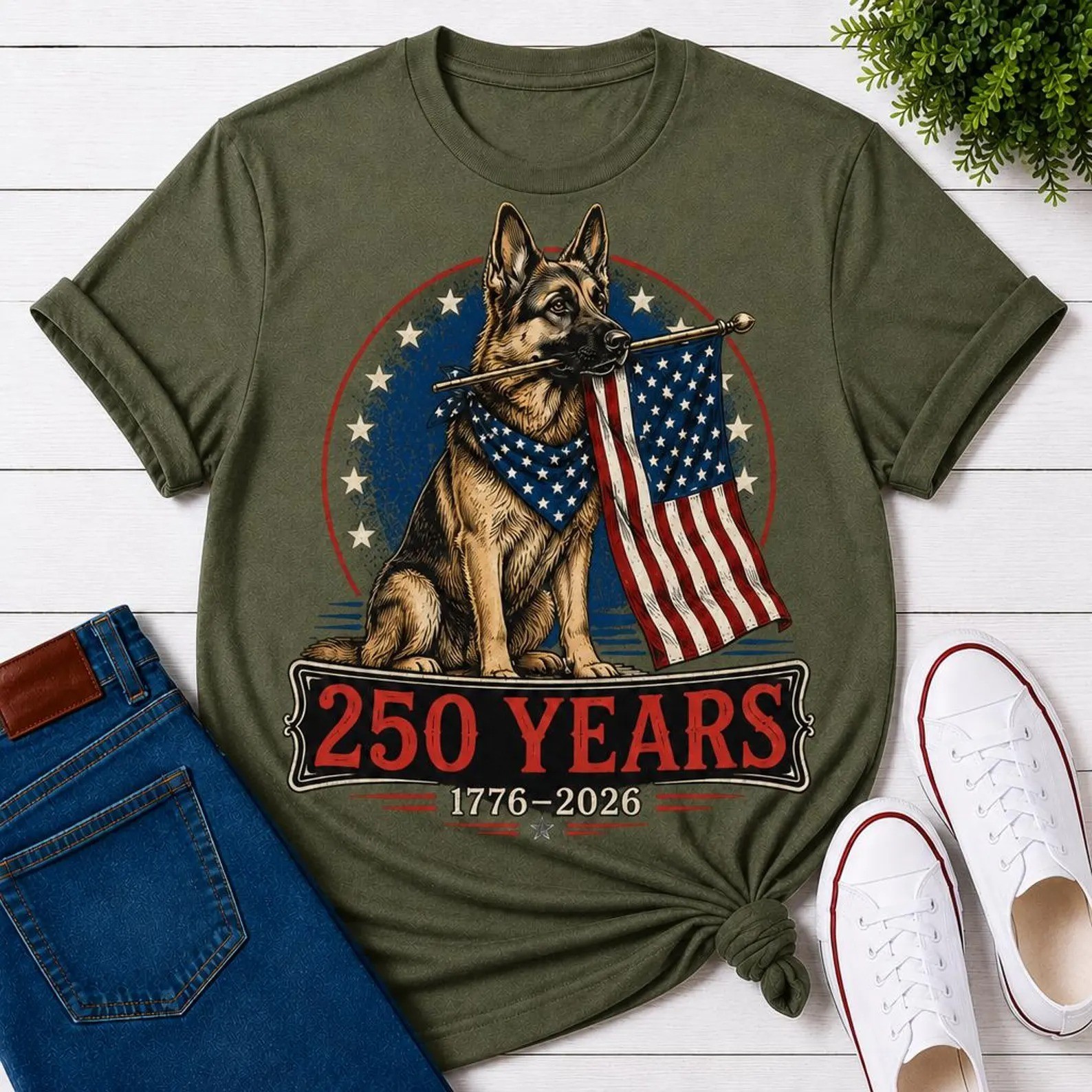 German Shepherd Patriotic 250 Years 1776-2026 USA Flag Dog Lover T-Shirt