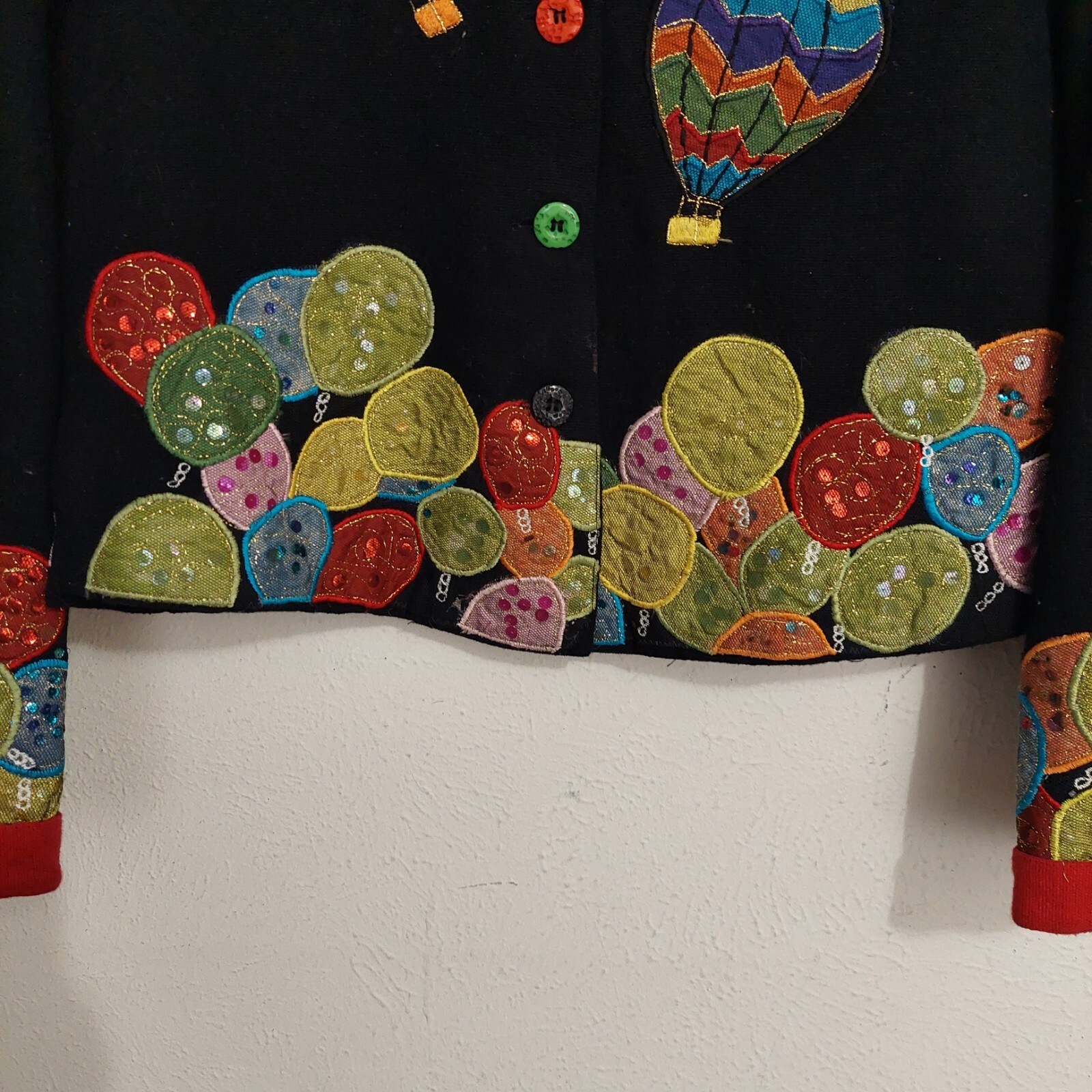 Vintage Anage Black Hot Air Balloons Button Down Jacket Sequins Patchwork 80s S