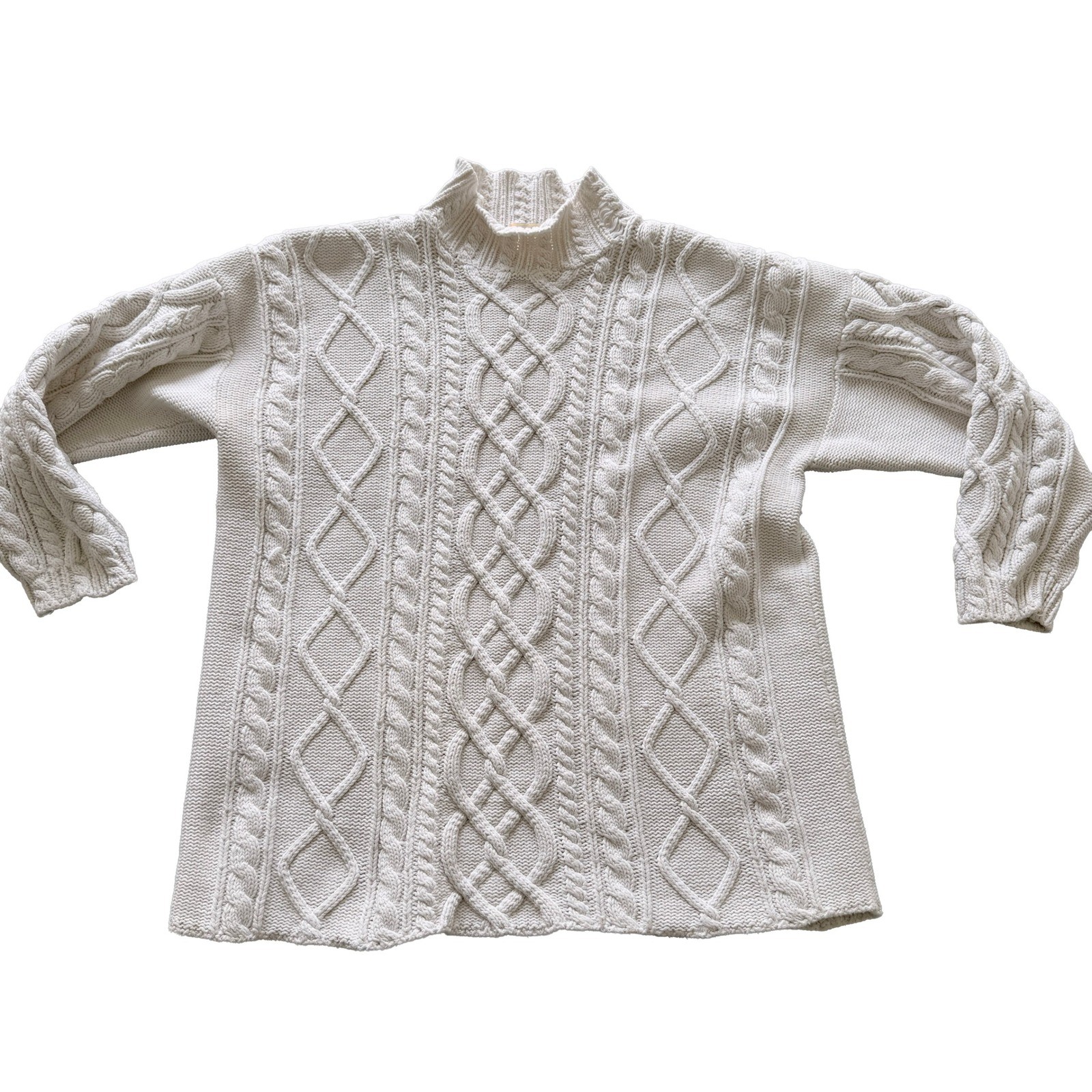 Hand Frame Knit Cream Cable Knit Mock Neck Sweater Womens Fisherman Cotton M
