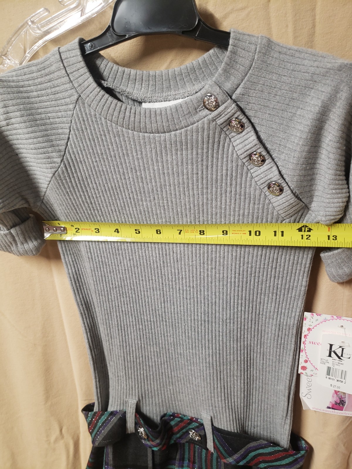 Size 12 Sweet Heart Rose Gray Half Sleeve Sweater with Plaid Belted Skort Romper