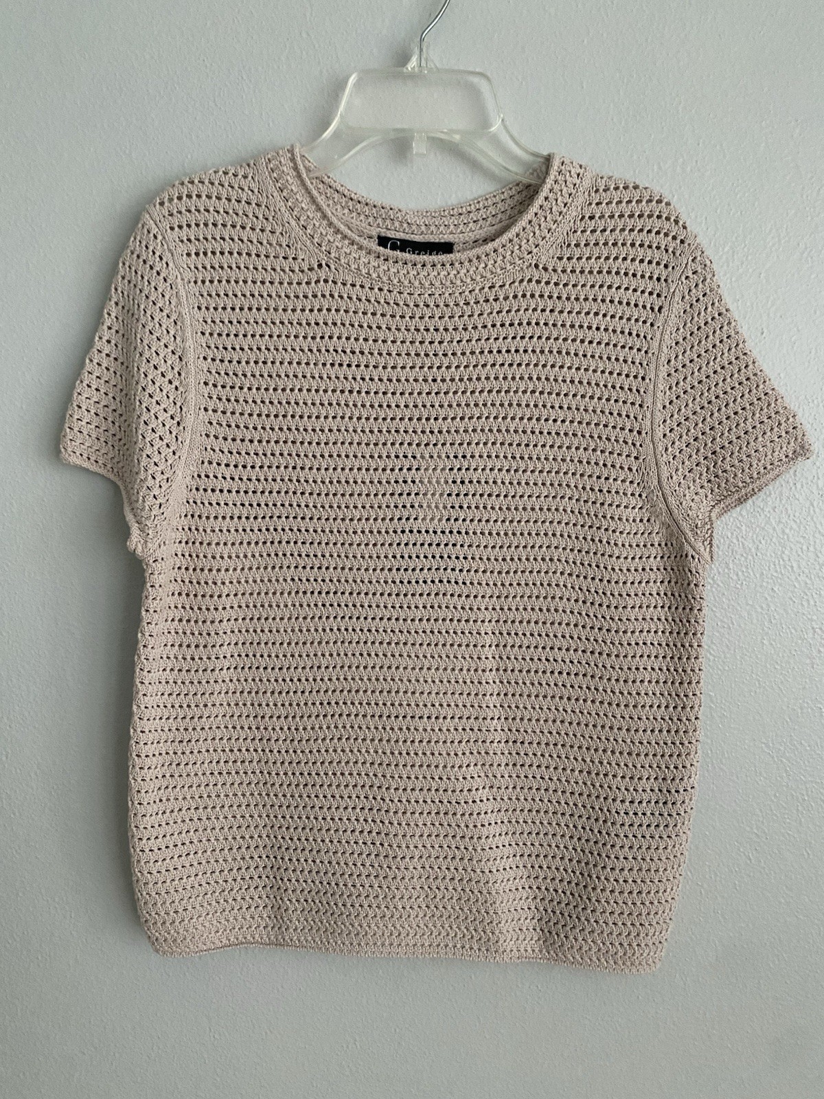 Greige Women’s Size S Tan Open Weave Short Sleeve Crewneck Cotton Sweater