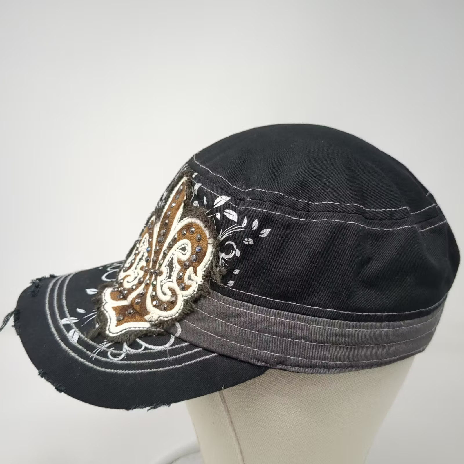 KBETHOS Army Cap Black One Size Fleur-de-Lis Rhinestone Floral Distressed Hat
