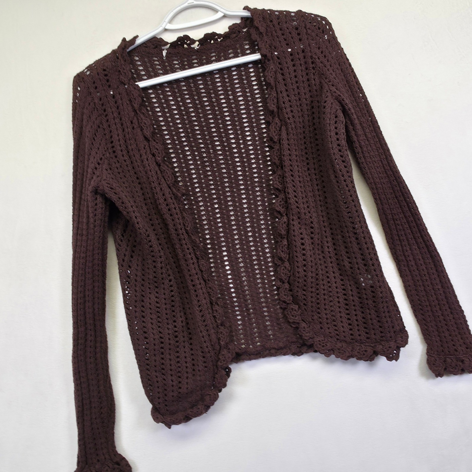 Crochet Knit Cardigan Womens L Brown Open Ruffle Ribbed Layering Lounge Sweater