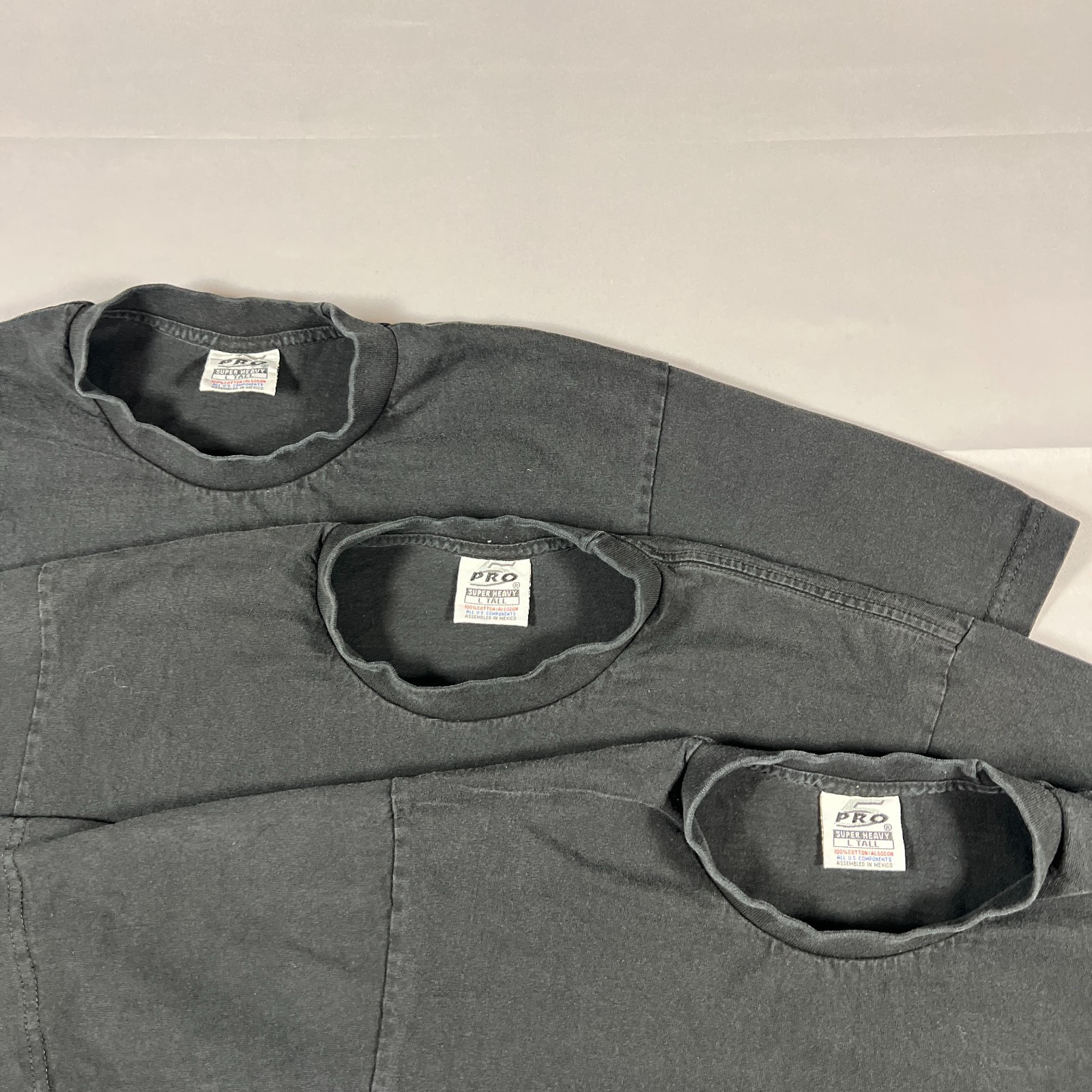 Set Of 3 Pro 5 Super Heavy T Shirt Mens L Black Faded Cotton Snug Fitting Neck