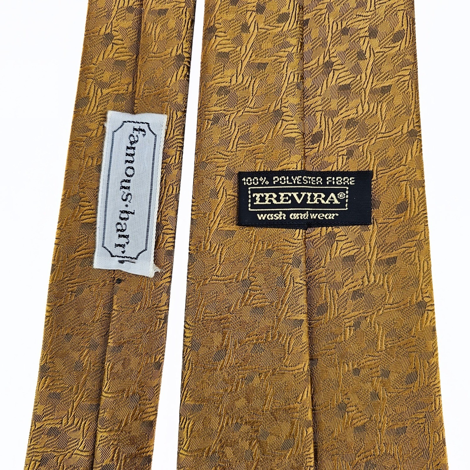 Vintage Famous Barr Trevira Gold Patterned Necktie Men’s Business