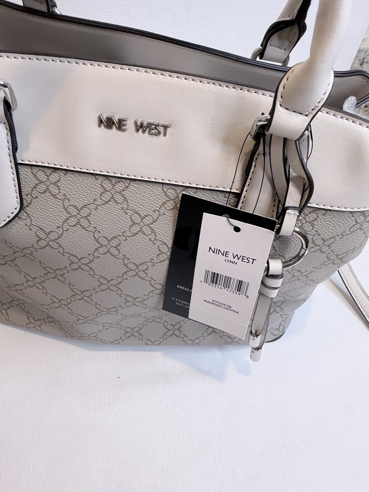 Nine West Gray Monogram Satchel Top Handle Double Zip, Detachable Strap