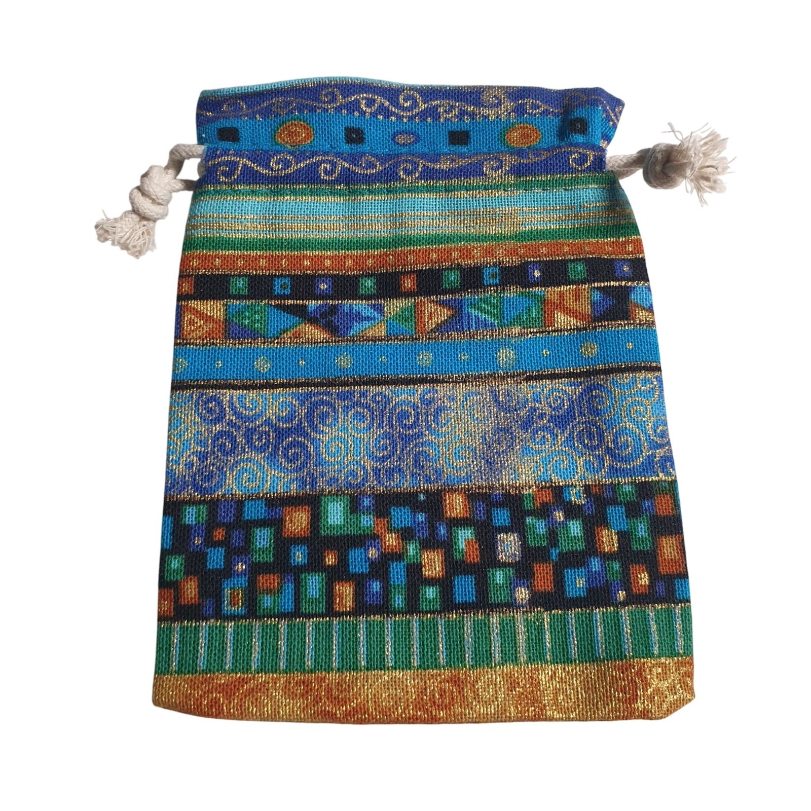 Decorative Drawstring Pouch Set Multicolor Woven Fabric Boho Assorted Patterns