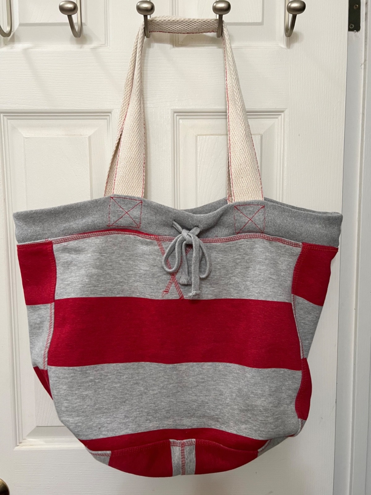 MV Sports Tote Bag Red Grey Striped Drawstring Dual Strap Fully Lined