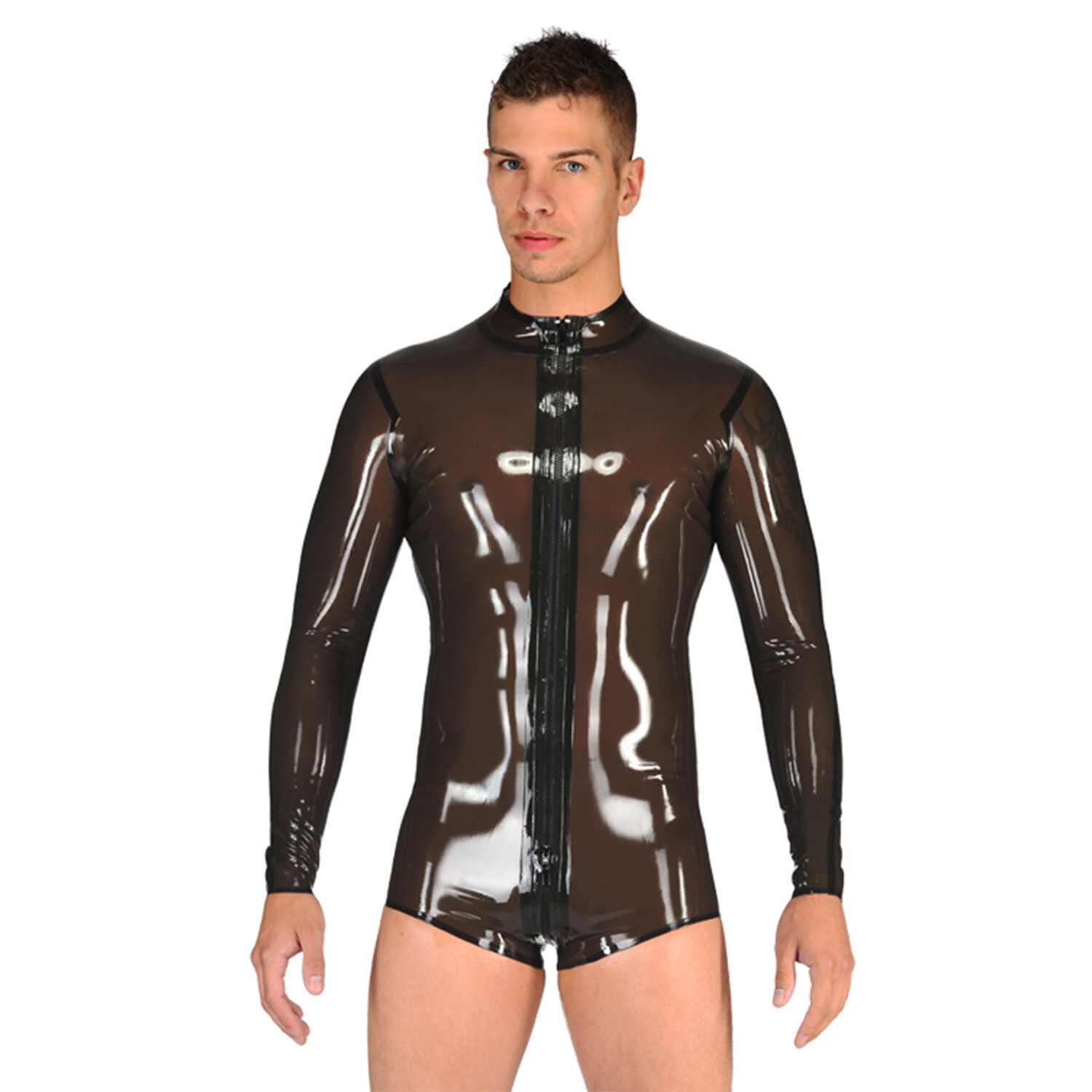 Transparent black Men Latex Catsuit Front Zipper Long Sleeve Swimsuit DivingSuit