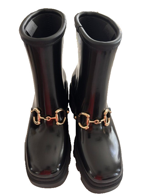 Gucci Horsebit Black Rubber Lug Sole Rain Boots Ankle 37/US 7