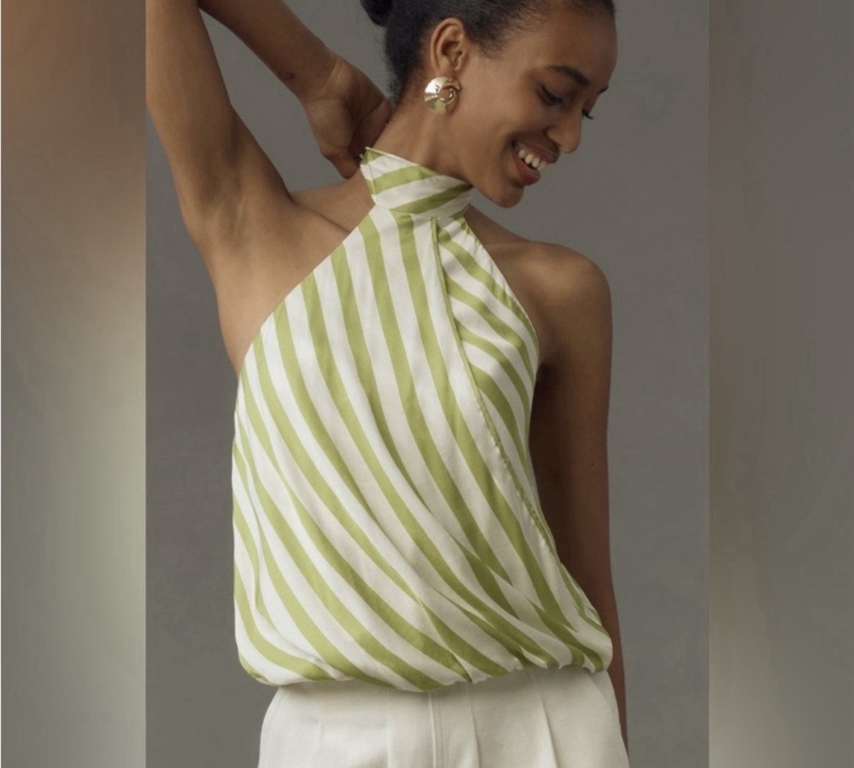 Maeve Green/White Striped Satin Viscose Halter Backless Tie-Back Top XS