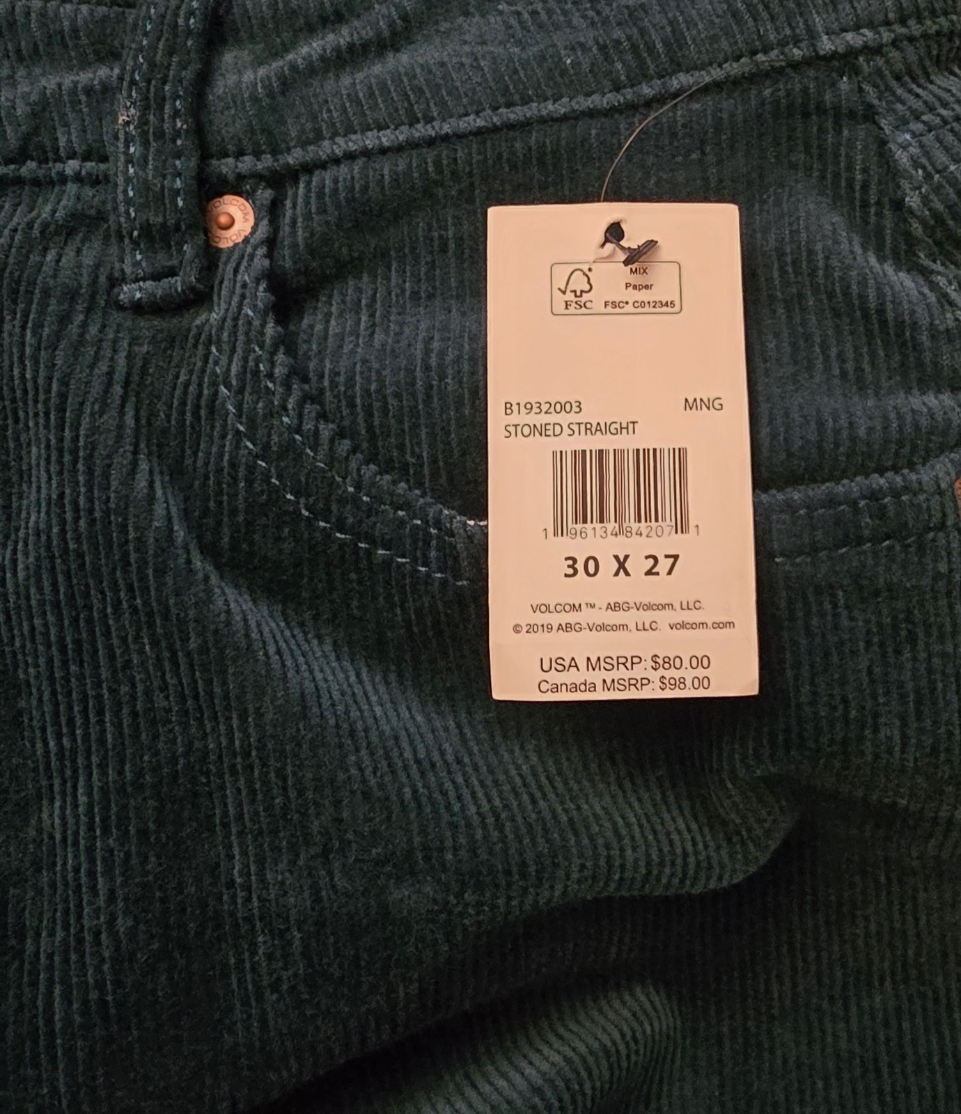 Volcom Stoned Straight Midnight Green Corduroy Pants Size 30 x 27 NEW WITH TAGS!