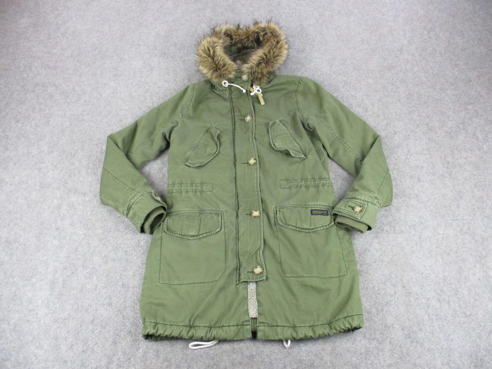 Abercrombie Fitch Jacket Womens XS Green Parka Hooded Fur Trim Sherpa Lined Y2K