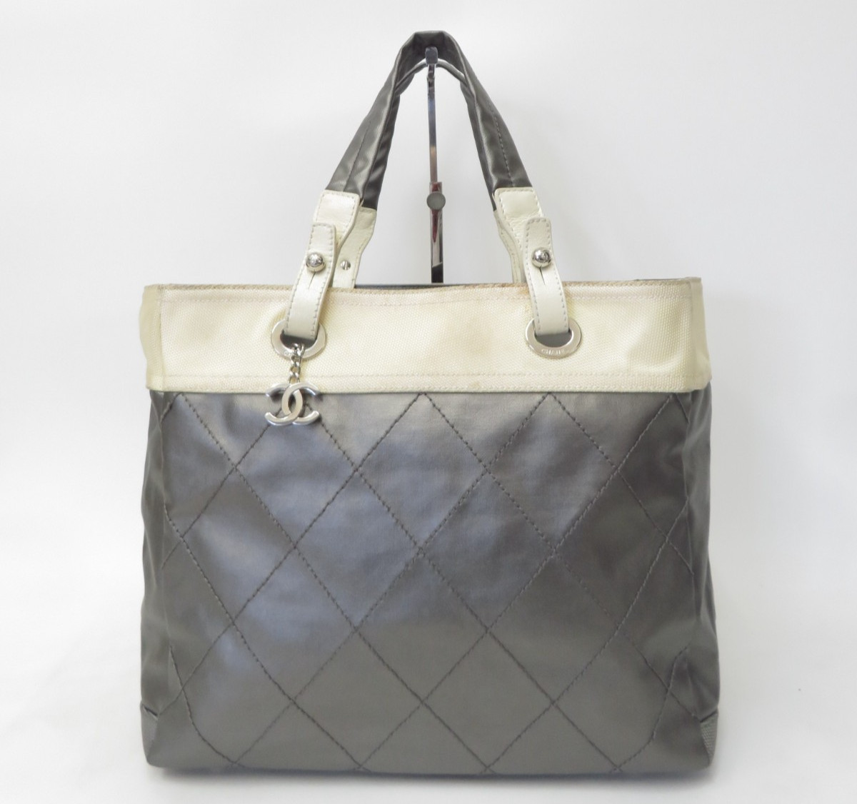 Authentic CHANEL Paris Biarritz MM Canvas Nylon Tote Hand Shoulder Bag I#53924