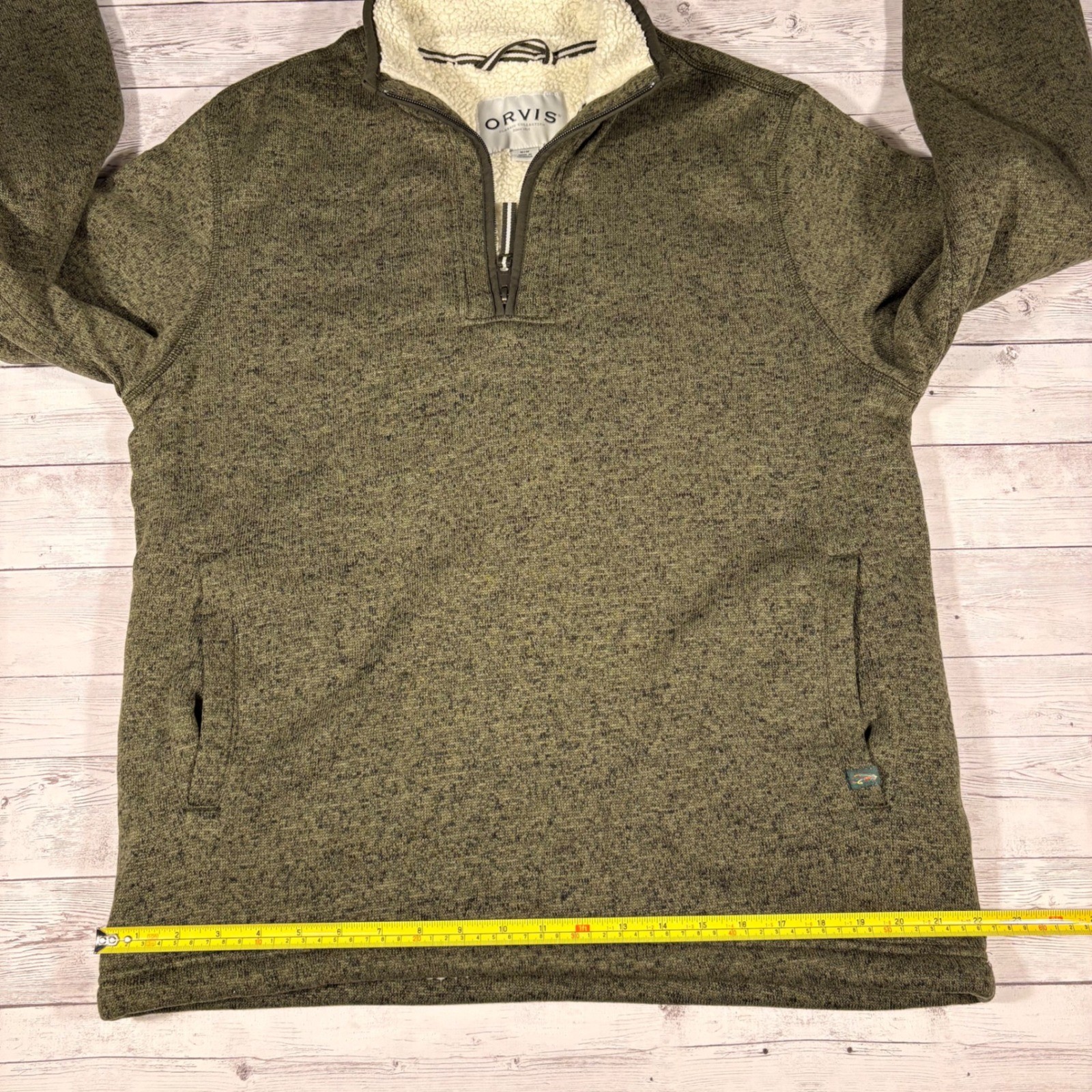 Orvis Mens Quarter Zip Sherpa Lined Sweater Pullover Olive Green Marl Medium