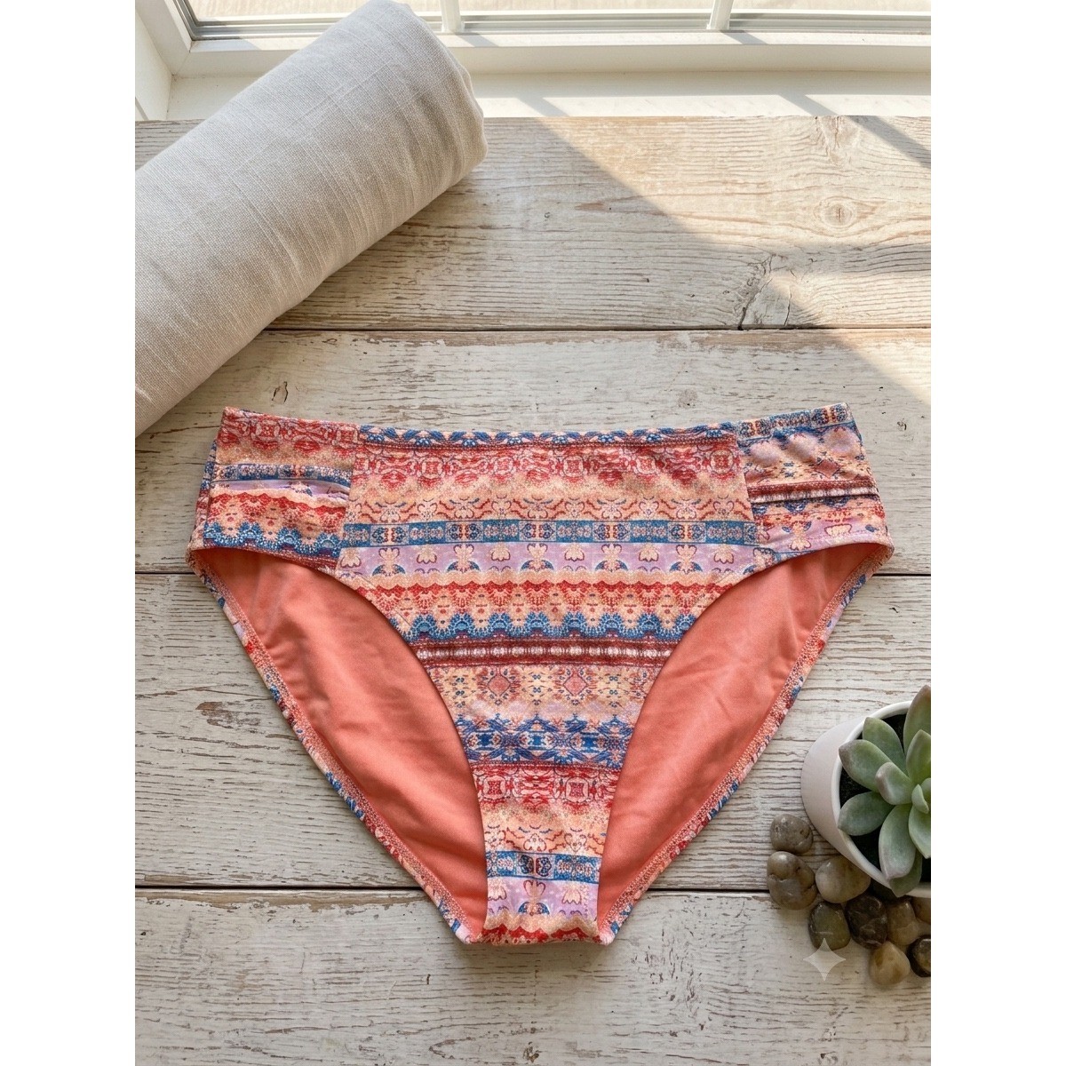 Kona Sol Boho Bikini Bottoms Women 2X Orange Blue Geometric Tribal Bohemian