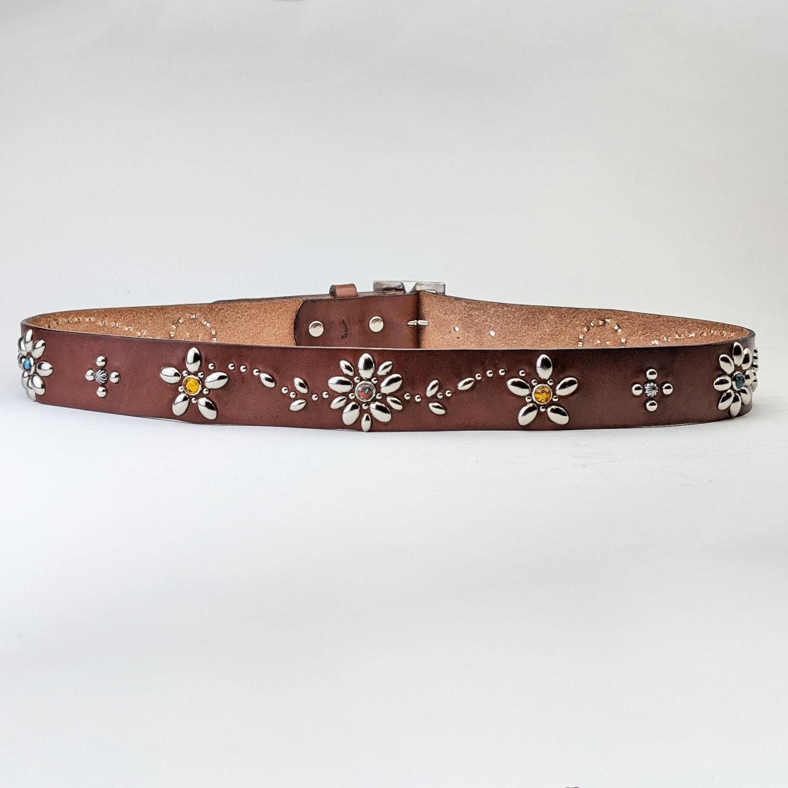 Handmade Dark Brown Leather Studded Biker Belt Vintage Western Style Japan