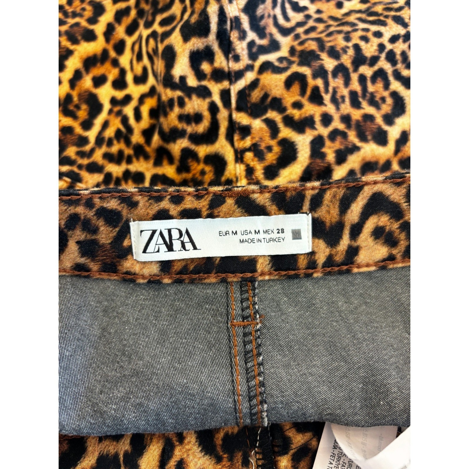 Zara Leopard Print Skort Animal Pattern Denim Mini Skirt Shorts Brown Tan Size M