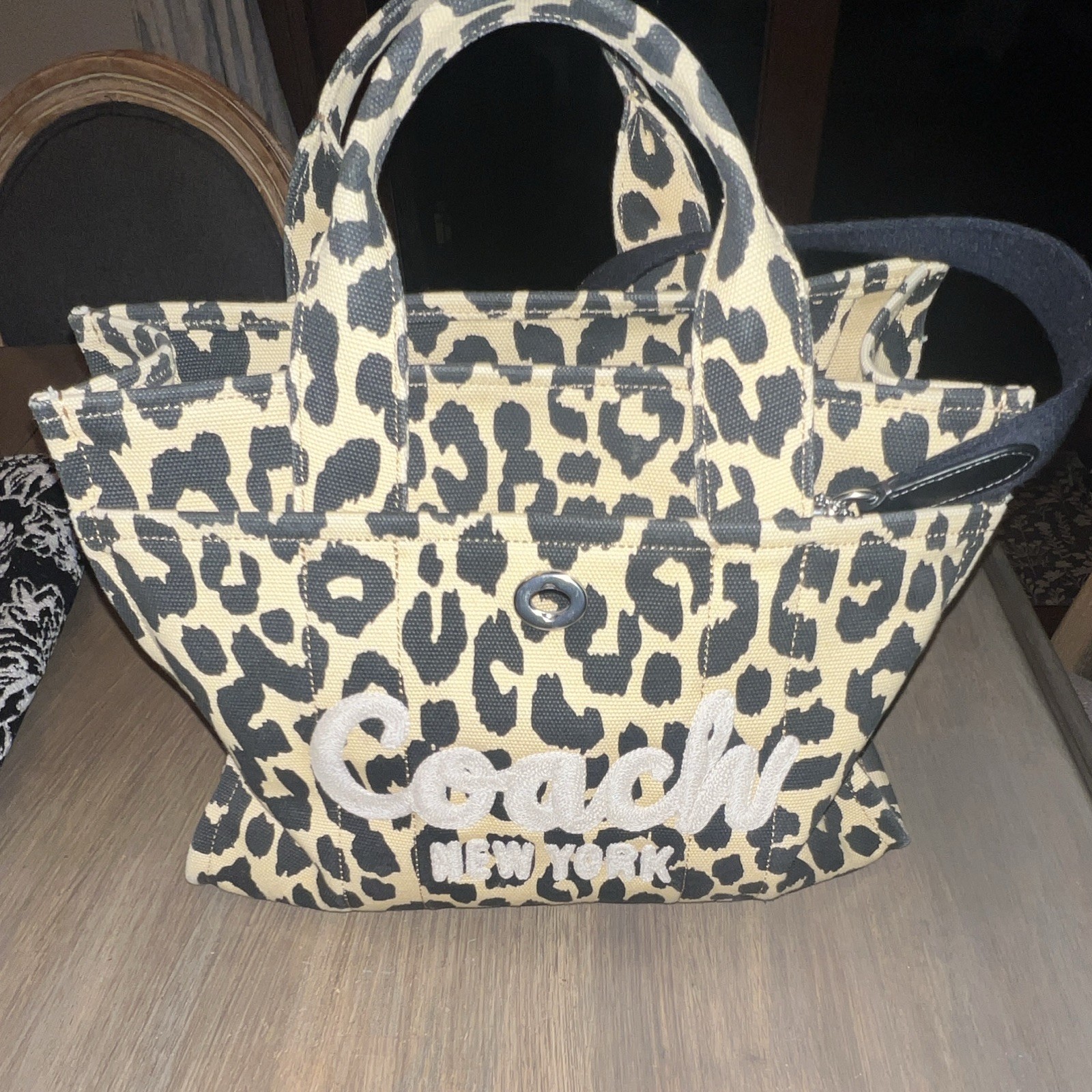 Coach Leopard Print large Tote Bag Beige Black Detachable Strap Snap Zip