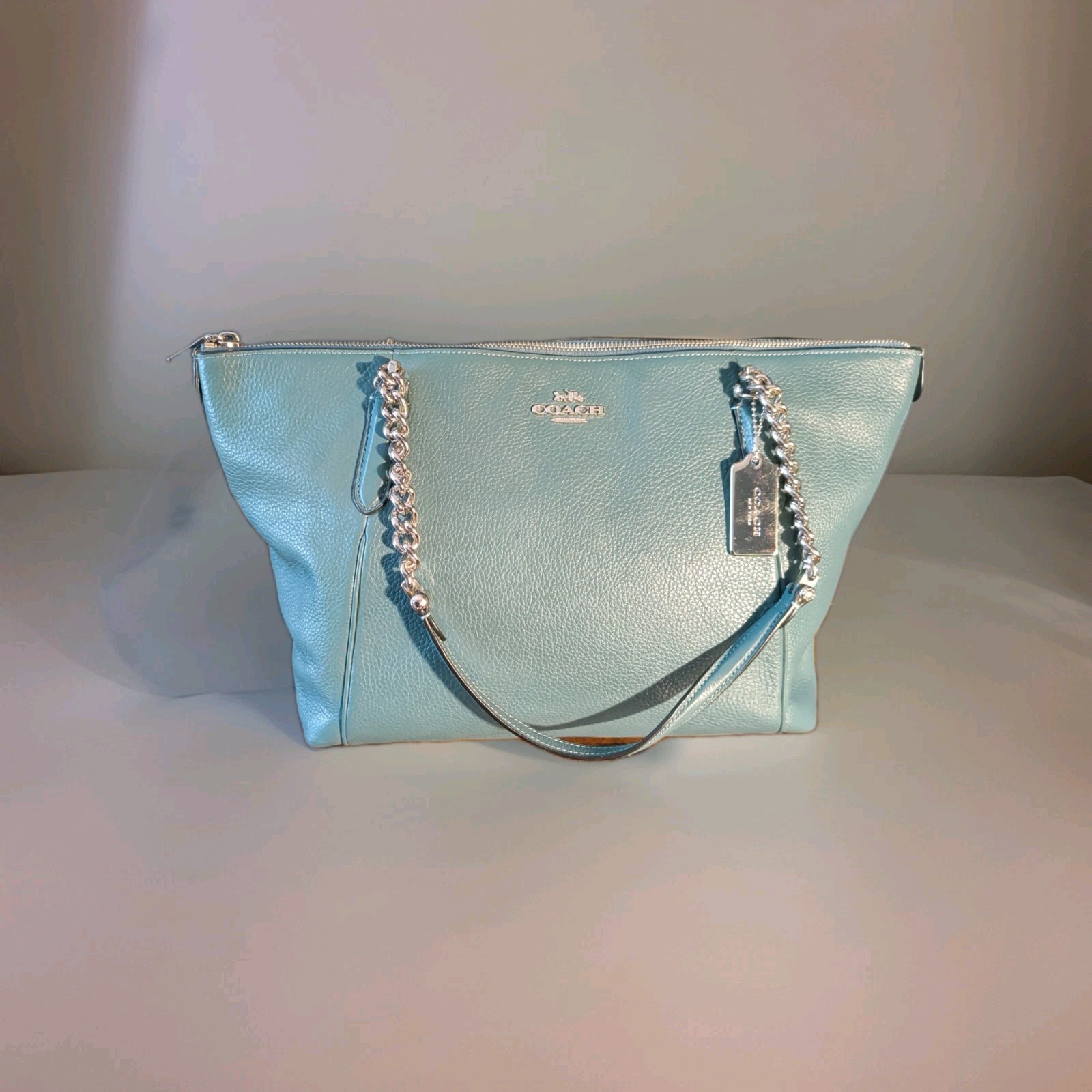 Coach Ava Pebbled Leather Chain Tote In Teal Green , Silver Accents