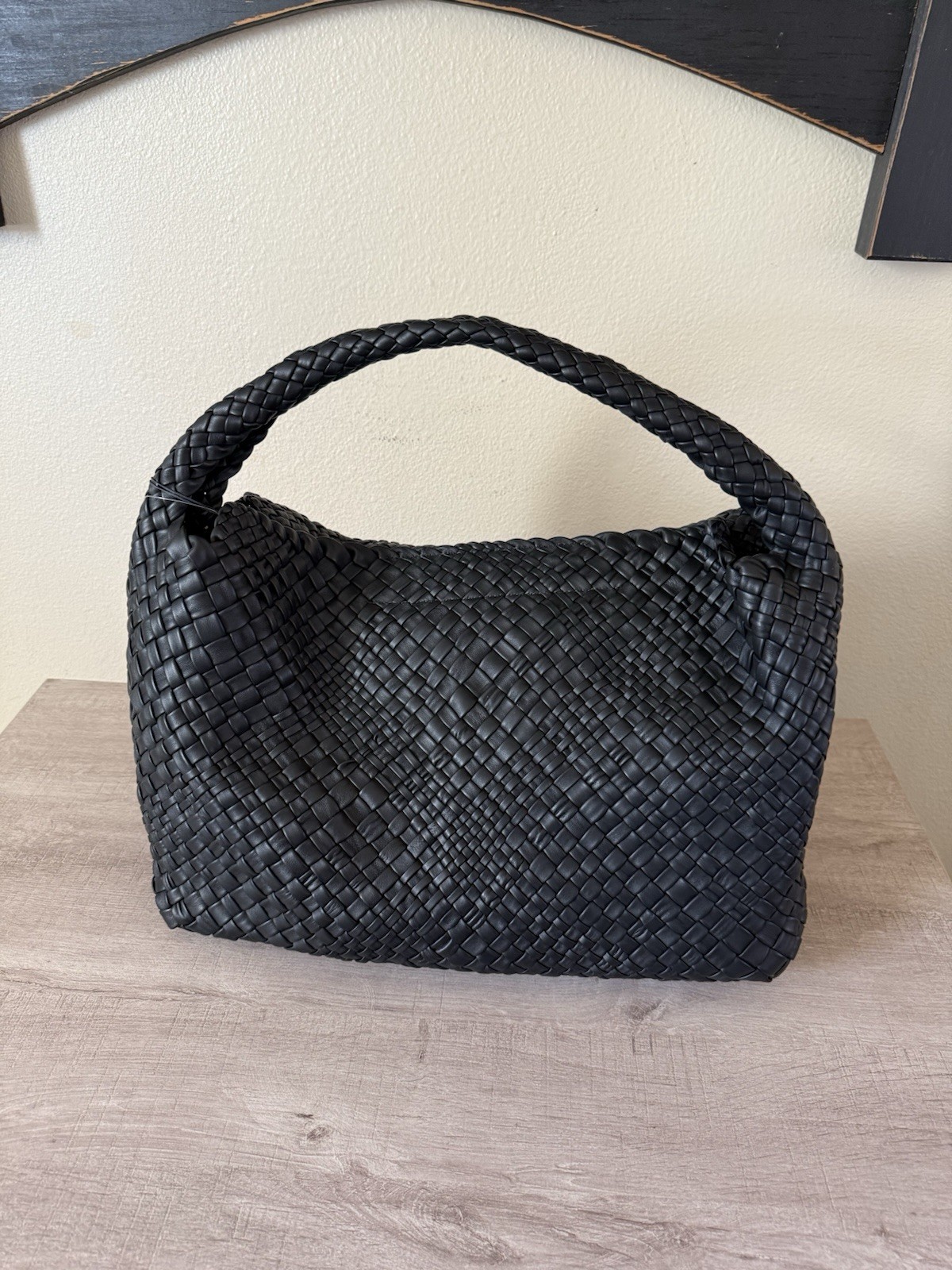 Falor Italy Black Woven Leather Shoulder Bag Hobo RARE Magnetic Closure NWT