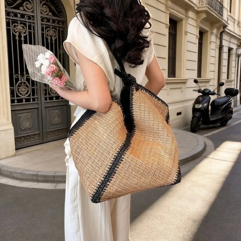 Woven Straw Tote Bag Geometric Raffia Beach Purse Boho Shoulder Handbag