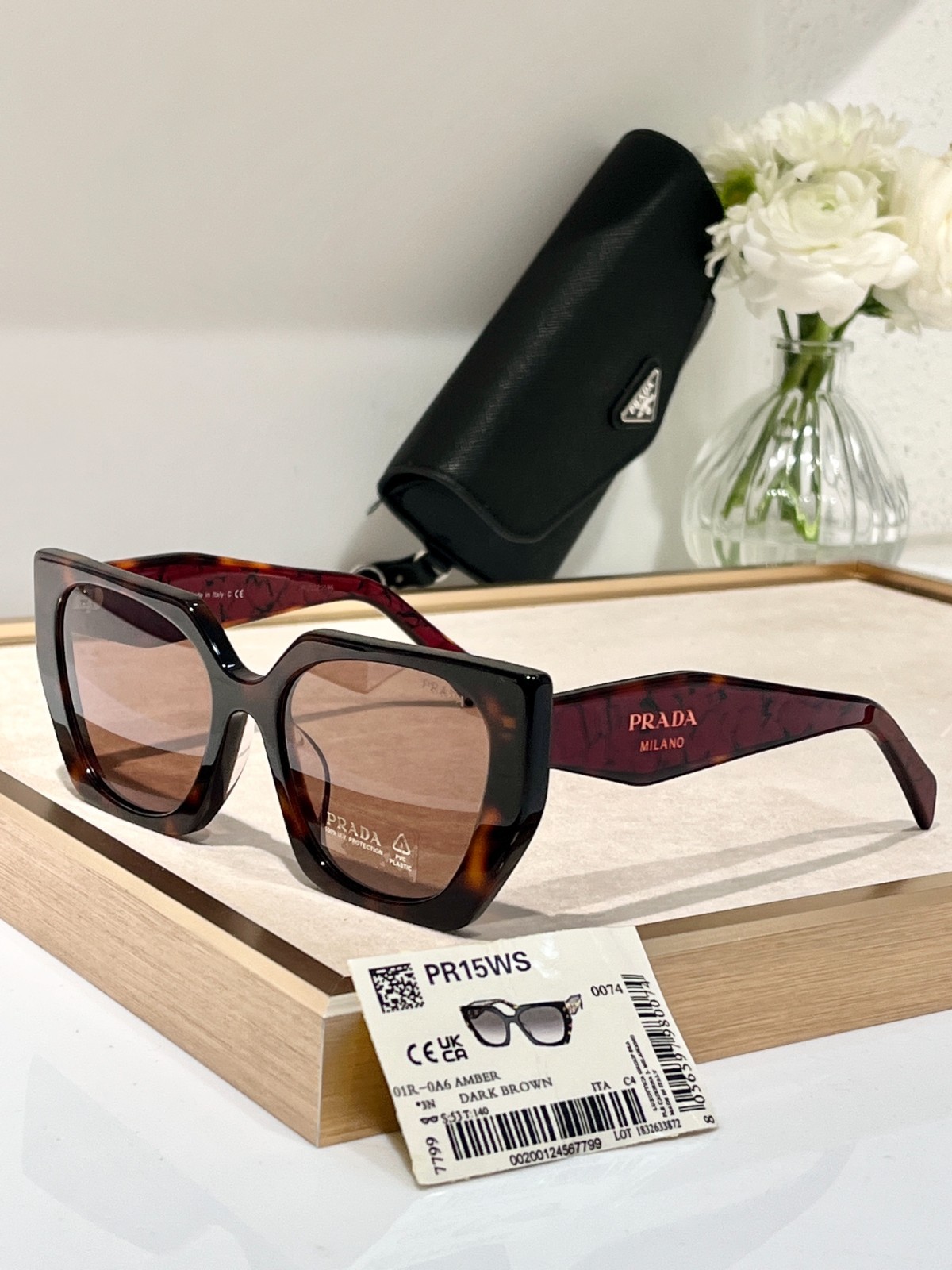 Prada PR 15WS Oversized Square Sunglasses Women Red Tortoiseshell UV400 w/ Box